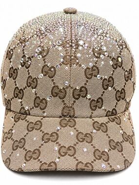 Crystal Embellished GG Monogram Brown Canvas Baseball Cap Hat Bling